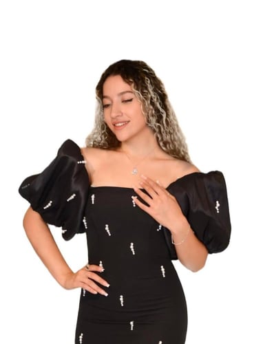 فستان سهرة طويل بتفاصيل تطريز وأكمام منتفخة