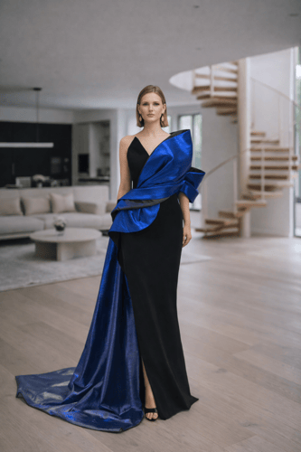 سهرة بتصميم عصري مع تفاصيل معدنية وأقمشة لامعة