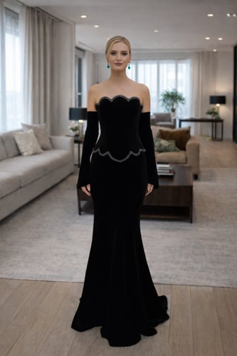 فستان سهرة طويل بتفاصيل تطريز لؤلؤي وأكمام طويلة