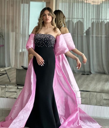 فستان سهرة مع شال وتطريز فاخر بتصميم أنيق للمناسبا...