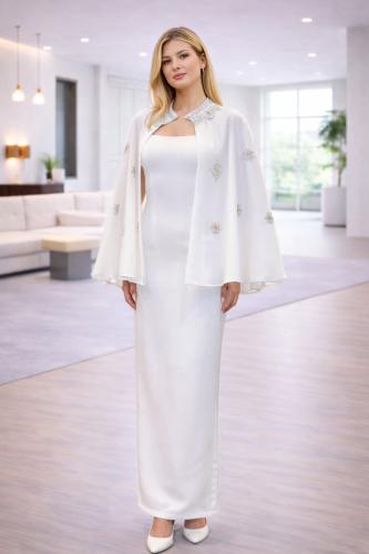 جلابية نسائي كريب لون ابيض مطعمه بفصوص على منطقة ا...