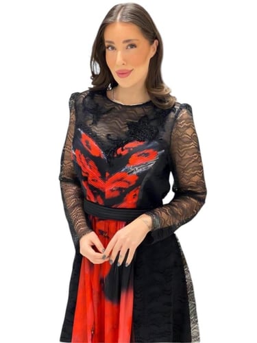 فستان سهرة من الدانتيل الحرير بتصميم أنيق مع طبعة...