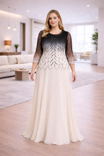 فستان سهرة أبيض وأسود بتصميم أنيق مع تفاصيل لؤلؤية...