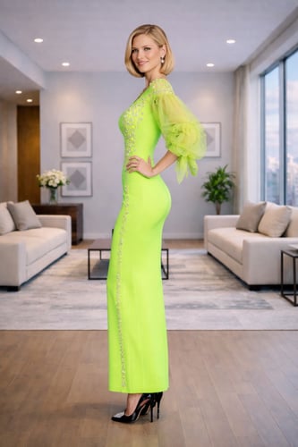 فستان سهرة بأكمام منفوشة بتصميم أنيق وقصة ضيقة