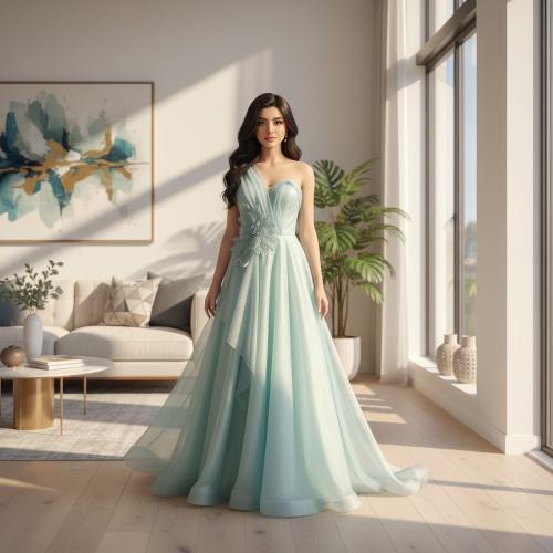 فستان سهرة أزرق فاتح بتصميم أنثوي وزهور ناعمة