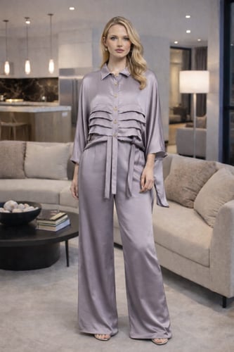 طقم سهرة للمحجبات فاخر من الساتان بأزرار ذهبية للن...