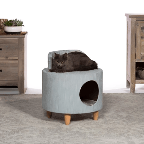 سرير للقطط والكلاب مع بيت مخباء شكل دائري لون رماد...