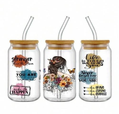 كوب زجاجي بعبارات تحفيزيه ١