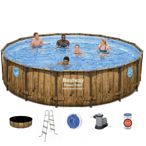 مسبح اعمدة دائري بني مع فلتر برأسين وسلم وغطاء وحا...