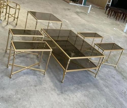 طقم طاولات كنب مرتفع حديد مع جزاز لون عسلي (1+4+1)