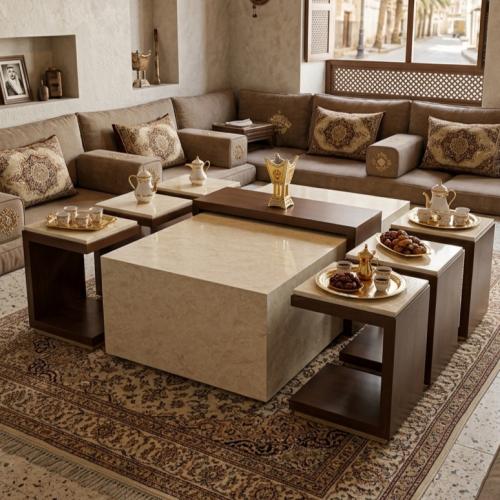 طاولات كنب خشب مع بديل الرخام 1+2+4