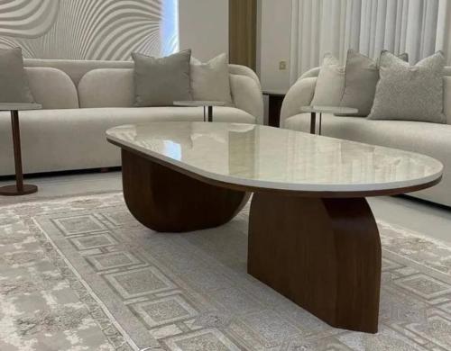 طاوله قهوه خشب سطح بديل الرخام مع 4خدمه