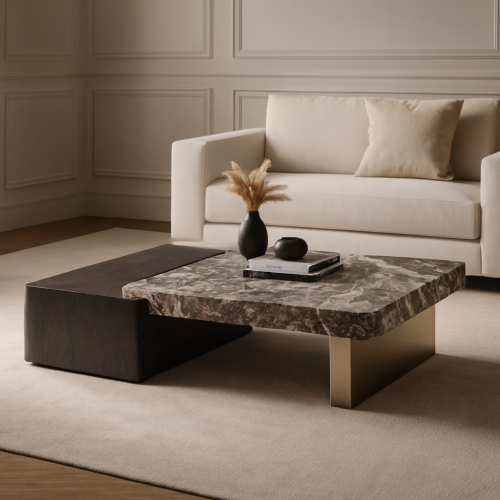 طاولة فاخرة – سطح رخام طبيعي مع خشب سنديان