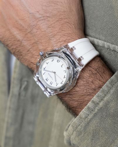Men's transparent watch with a rubber strap in white