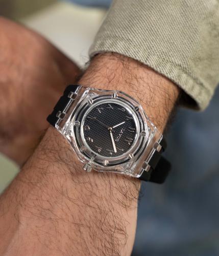 Men's transparent watch with a rubber strap in black