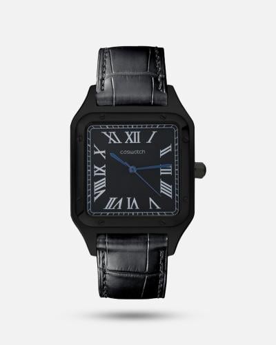 Men's watch leather square in black color