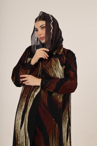 Printed black & brown abaya with guipure cuffs
