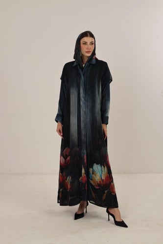 Blue ombré abaya with chiffon floral overlay and p...