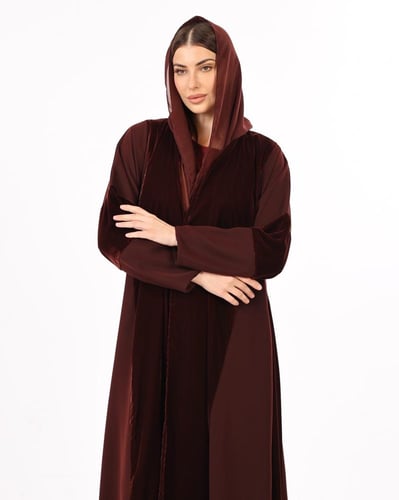 Maroon Velvet & Crepe A-Line Abaya