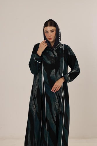 black & sky swirl abaya with white piping and Lace...