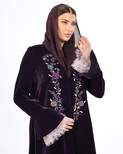 Embroidered Purple Velvet Blazer Abaya