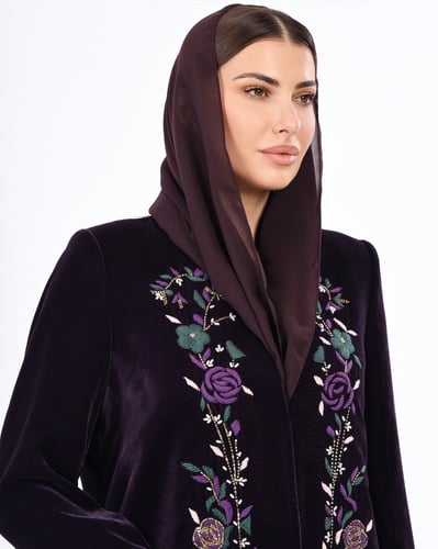 Embroidered Purple Velvet Blazer Abaya