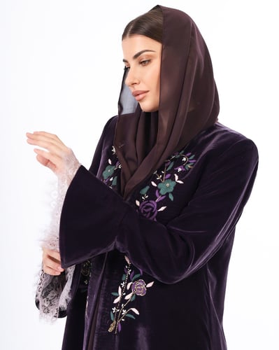 Embroidered Purple Velvet Blazer Abaya