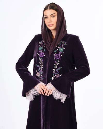 Embroidered Purple Velvet Blazer Abaya