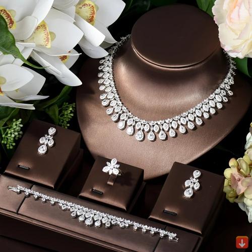 الذهب الأبيض اللون زركون الزفاف طقم مجوهرات الزفاف...