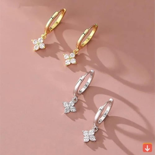 925 الفضة إبرة الزركون أربع أوراق هوب أقراط للنساء...