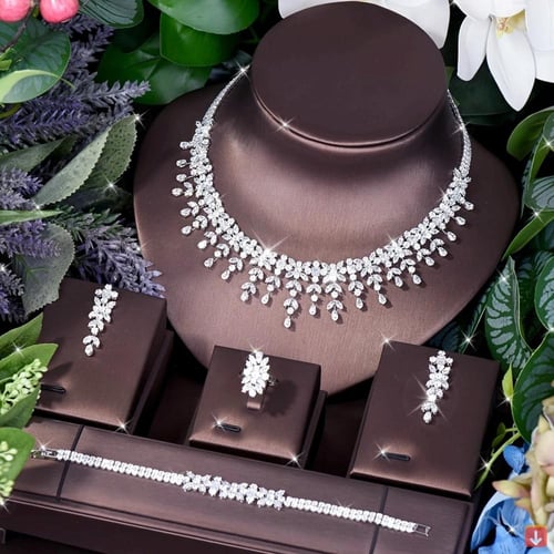 الذهب الأبيض اللون زركون الزفاف طقم مجوهرات الزفاف...