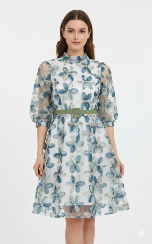 فستان شيفون مطرز بالورود