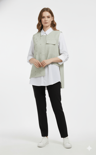 ببلوزة بيضاء وسترة مزخرفة بنسيج