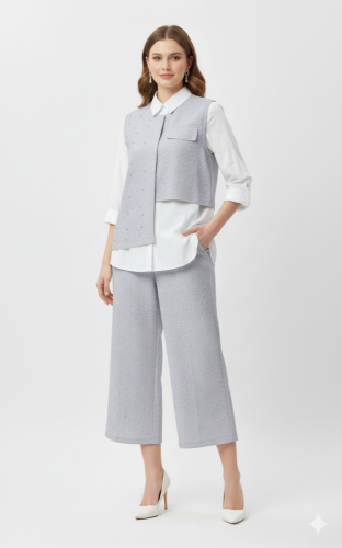 ببلوزة بيضاء وسترة مزخرفة بنسيج