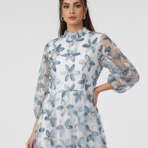 فستان شيفون مطرز بالورود