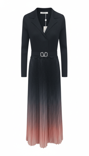 فستان ميدي أزرق متدرج مطوي أنيق مع حزام