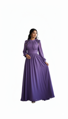 فساتين سهرة طويلة | فستان شيفون مطوي مع تطريز الكت...