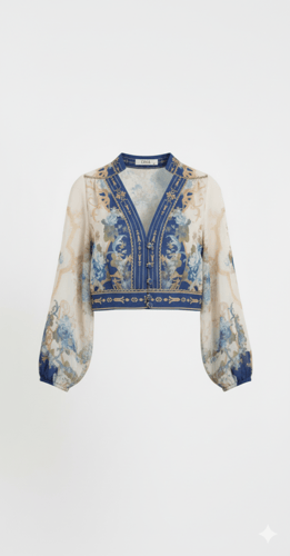 بلوزة قصيرة أنيقة بنقوش زهور زرقاء