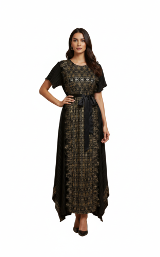 فستان سهرة طويل أنيق بتطريز ذهبي/فضي - تصميم فاخر