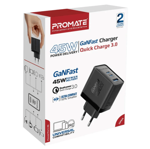 شاحن Promate GaNFast45W- قوة اعلى بحجم اصغر