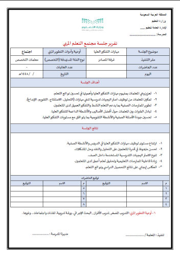 تقرير جلسة مجتمع التعلم المهني ( مهارات التفكير ال...