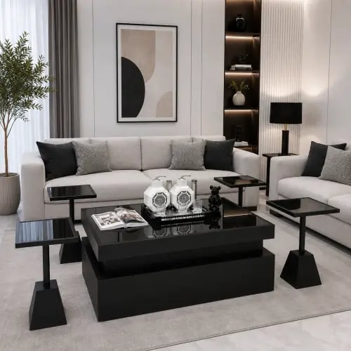 طقم طاولات سنديان مع 4 طاولات خدمة مع سطح زجاج اسود مراية-