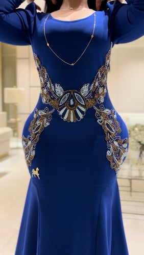 فستان سترتش كريب تطريز مع كرستال اللون ازرق