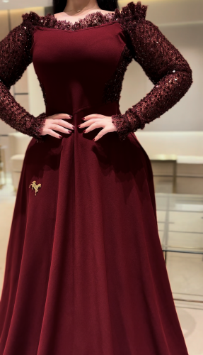 Stretch crepe dress, flared, maroon