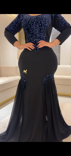 فستان سترتش كريب صدر مخمل ترتر