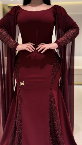 فستان سترتش كريب عنابي