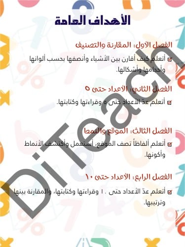 أهداف مادة الرياضيات للصف اول ابتدائي كاملة