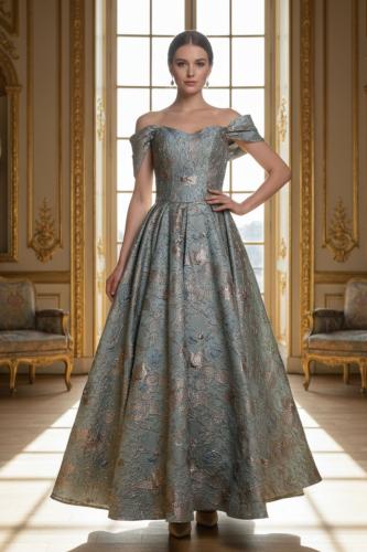 فستان سهرة أزرق مطرز بتصميم أوف شولدر ملكي