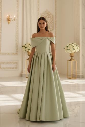 فستان سهرة أخضر باستيل طويل أوف شولدر بتصميم أنثوي...