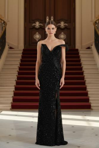 فستان سهرة أسود فخم بكتف واحد وتطريز لامع